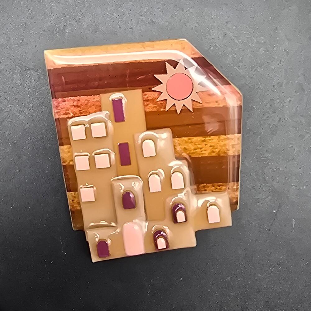 Lucinda House Pin Brooch Orange Southwest Theme Vintage Jewelry